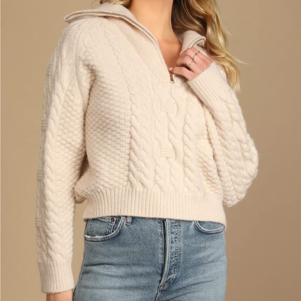 Lulus Cozy Weather Cream Cable Knit Quarter Zip Sweater S